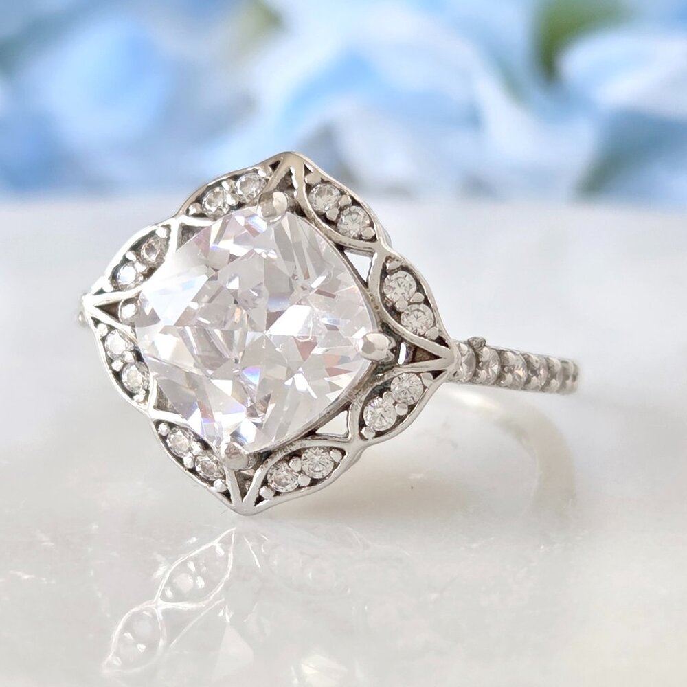 Vintage-Inspired Cushion Halo Solitaire Ring in Silver with Clear Stone